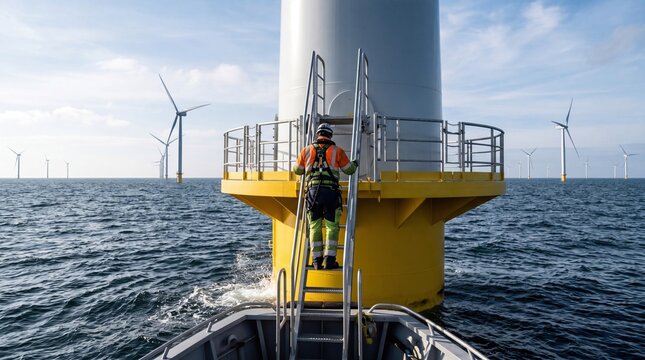 Technician climbing ladder to offshore wind turbine for maintenance work, renewable energy concept with ocean background and blue sky