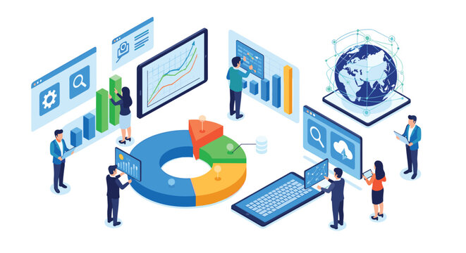 Dedicated team members collaborate on complex financial projections using floating bar graphs and a central pie chart in a bright white workspace.