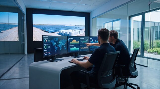 Engineers monitoring large scale solar farm operation from control center with big screen display and data analytics dashboards