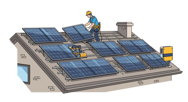 A diligent construction worker secures photovoltaic solar panels onto a gray tiled roof using a specialized mechanical lifting device today.