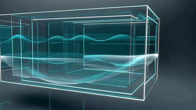Transparent glass cube with flowing cyan waveform inside illuminated frame over dark surface creating sleek modern tech abstract composition