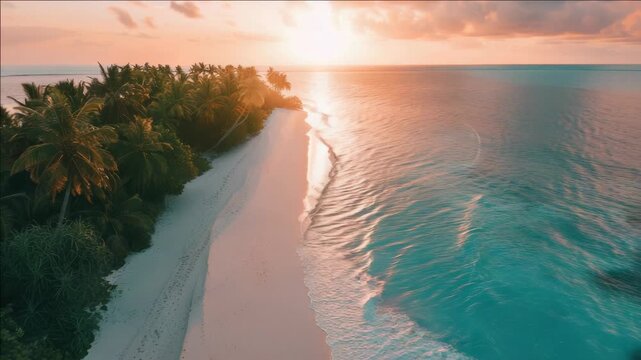 Stunning beach sunset scene with calm ocean waters and silhouetted palm trees on horizon.