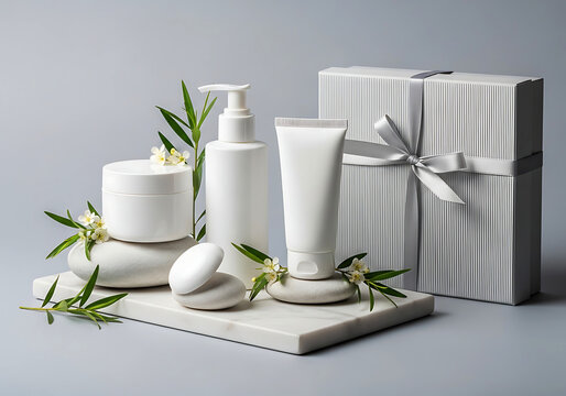 Minimal skincare packaging with floral background luxury beauty set up