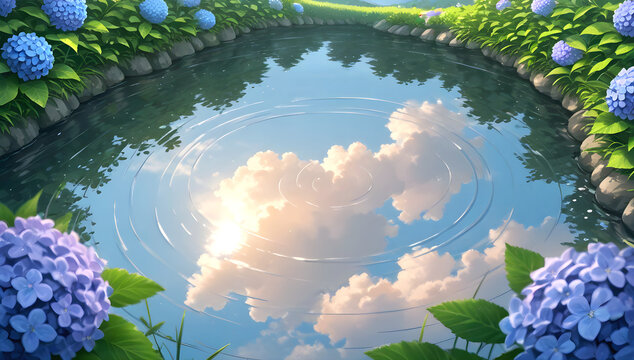 初夏の穏やかな水辺の風景イラスト
