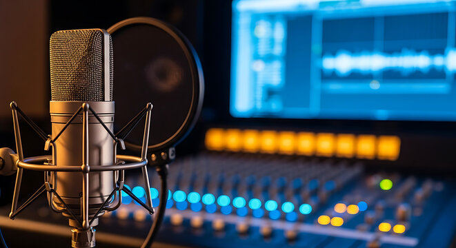 A professional studio microphone is set up in front of a digital audio mixing console and a computer screen displaying audio waveforms.