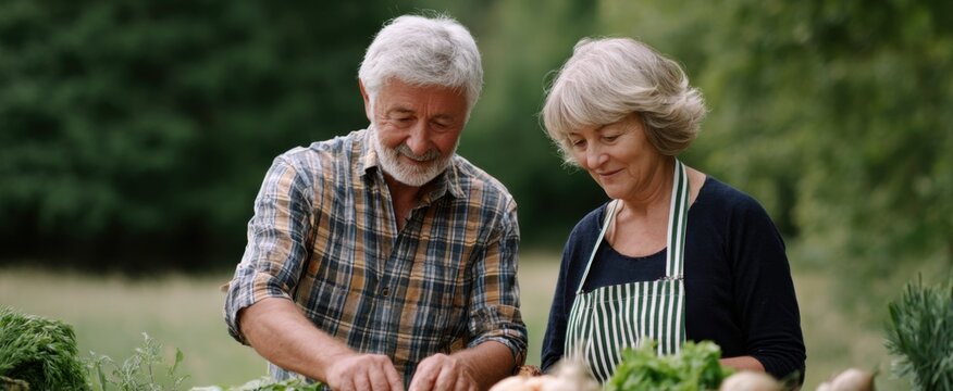 Spry seniors whipping up a vegan feast among nature's vibrant tapestry of life