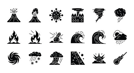 Natural disaster icons set black silhouettes on white background © nurjahan