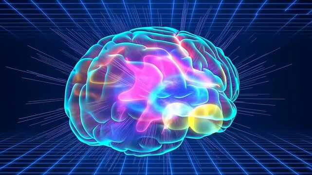 Colorful 3D brain animation with glowing effects and grid background. Represents cognitive function, neuroscience, and mental health concepts