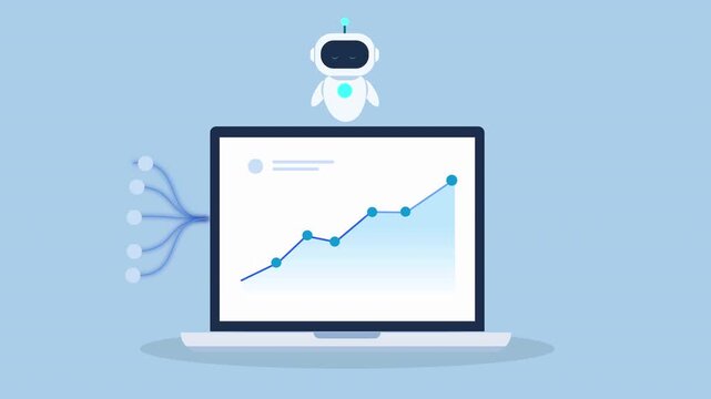 Clean animated video of an AI robot hovering above a laptop with a rising data chart and video player icon, representing video analytics, streaming performance, digital media, and automation.