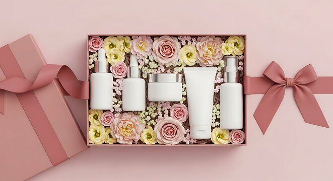 Skincare gift set with flowers and blank cosmetic packaging mockup