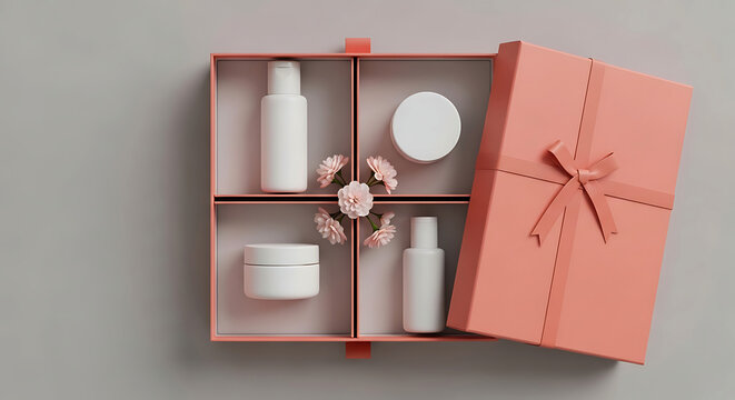 Luxury skincare set in gift box with floral cosmetic packaging