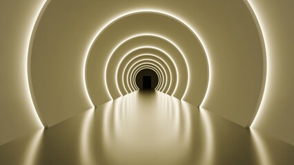 Futuristic minimalist circular tunnel with golden glowing light, 3D architectural render © ilham