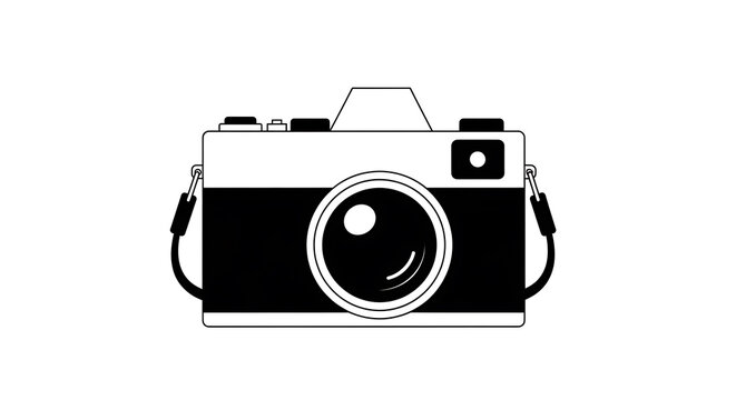 Black and white of a vintage camera with lens and flash