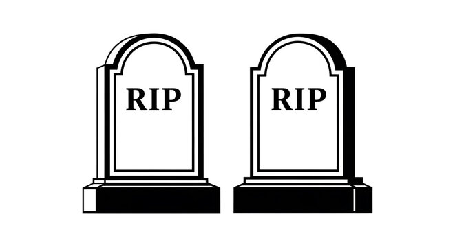 Black and white of two gravestones with rip inscriptions, minimalist tombstone epitaph cemetery