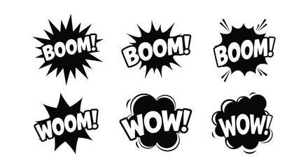 Comic speech bubbles with boom and wow text black and white vector © nurjahan