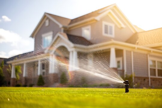 Automatic lawn sprinkler watering green grass in residential backyard on sunny summer day, showcasing irrigation system, healthy growth, landscaping care, and peaceful outdoor home environment.