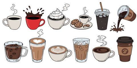 Obraz premium A colorful illustration of twelve coffee beverages and related items arranged in two rows. The top row shows a steaming black coffee, a red cup with coffee splashing out, a whipped‑cream topped cup