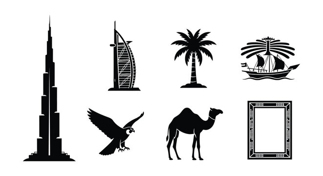 Dubai Landmarks Silhouette Collection Vector Illustration Black and White