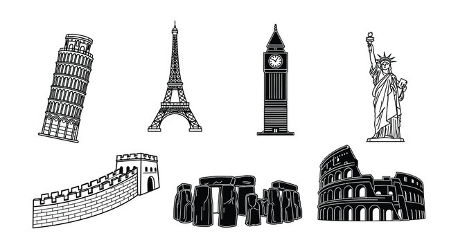 Landmark silhouettes collection vector illustration of world famous monuments