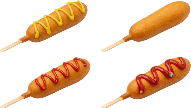 Four delicious corn dogs on wooden sticks featuring plain varieties and others topped with savory yellow mustard or sweet red ketchup swirls arranged in a neat grid for culinary photography