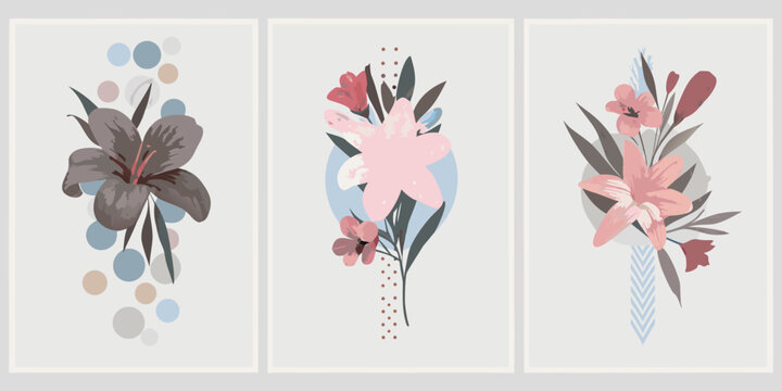 Floral illustrations triptych set abstract botanical wall art