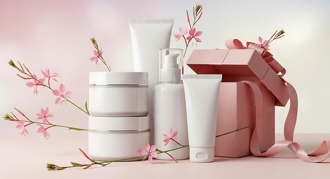 Luxury skincare cosmetic packaging with gift boxes and floral decoration premium mockup