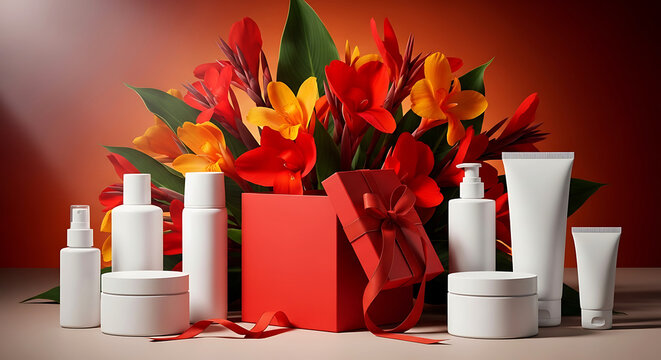 Luxury skincare cosmetic packaging with gift boxes and floral decoration premium mockup