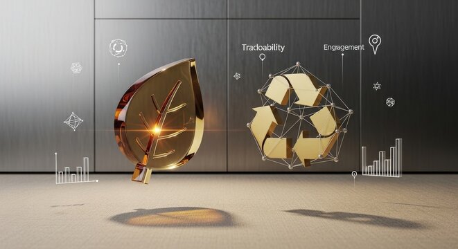 Sustainable Tech Dashboard with Amber Glass Leaf and Gold Titanium Recycle Icon on Textured Linen Background