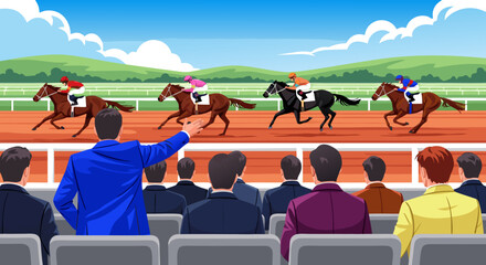 A lively horse race at a sunny racetrack with spectators cheering in the stands © Beny Qurdy