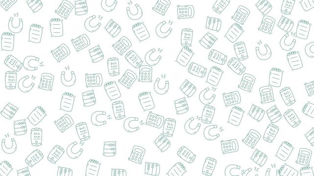 Repeating pattern of cartoonish magnets and paper icons. Suitable for designs related to education, creativity, decoration, and fun concepts.