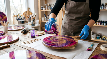 Fototapeta premium Artist wearing protective gloves pouring vibrant purple and gold liquid epoxy resin onto a wooden board in a creative art studio workshop for custom home decor project
