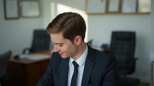 Young businessman suit and tie smiling confidently with eyes closed professional office environment