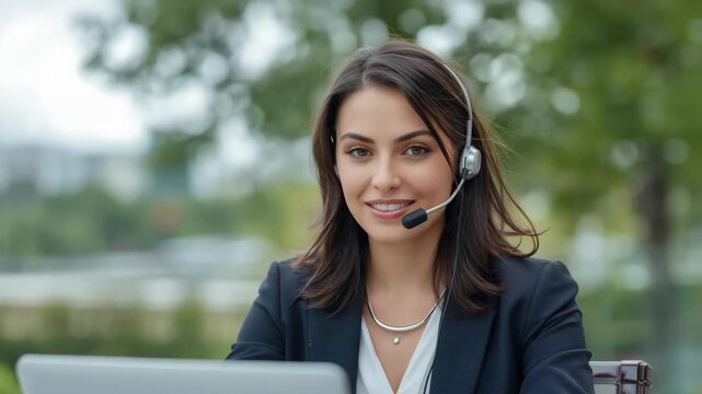 Friendly woman customer service representative smiling with headset laptop outdoors for call center