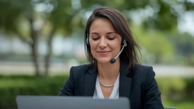 Professional woman headset laptop outdoor business customer smiling approachable confident