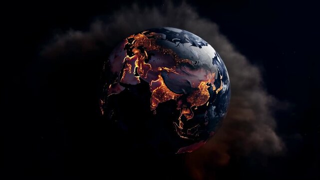 Glowing Earth with fiery outlines representing urban areas against a dark backdrop. A visual metaphor for global warming and urbanization challenges