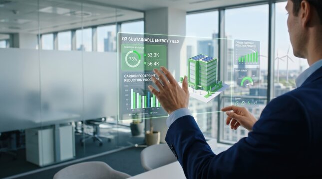 Man interacting with holographic interface displaying Q3 sustainable energy yield and carbon footprint reduction progress, visualizing smart city data and green building
