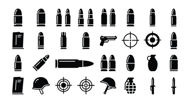 Flat vector icons of ammunition firearms and military equipment