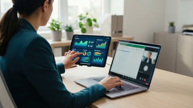 Business woman using tablet for financial analytics dashboard and laptop for spreadsheet during video call, remote work productivity and data analysis in office environment.