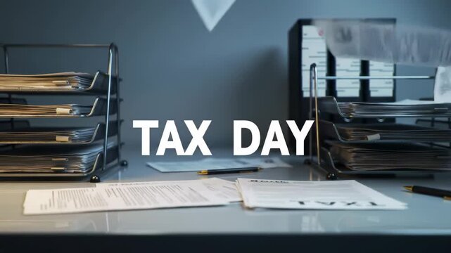 Tax day chaos, scattered papers flying around a messy desk with folders and documents, office desk clutter