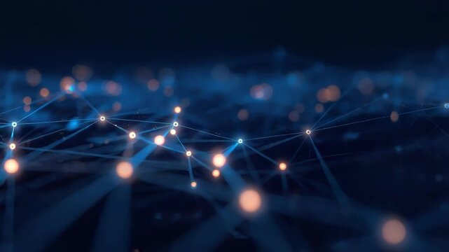 Futuristic network nodes and glowing connection lines forming digital data web across dark blue