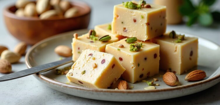 Creamy halva squares with pistachios almonds and dried fruit pieces. Served on plate with knife. Close up of sweet confection texture. Nuts in background.