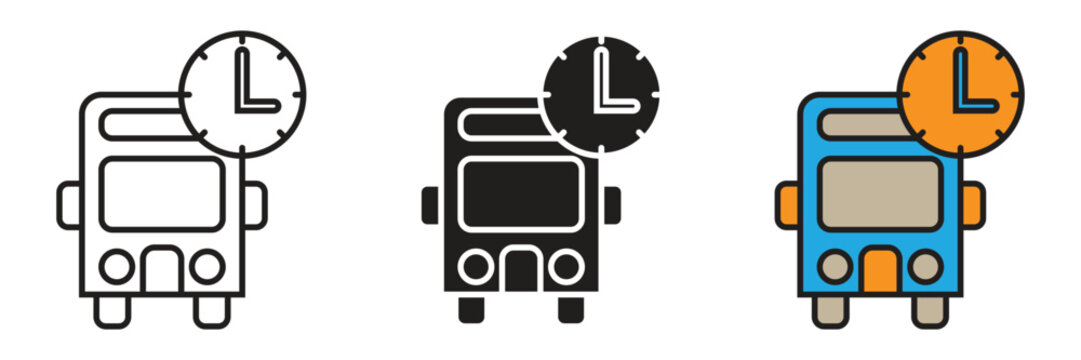 Bus with Clock Symbol. Front view bus icon with a clock symbol representing public transport schedules, arrival times, transit efficiency, and punctuality management.