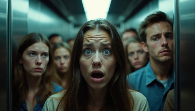 People look anxious in crowded elevator during city commute. Faces show worry, fear, discomfort. Diverse group waits in confined modern space.