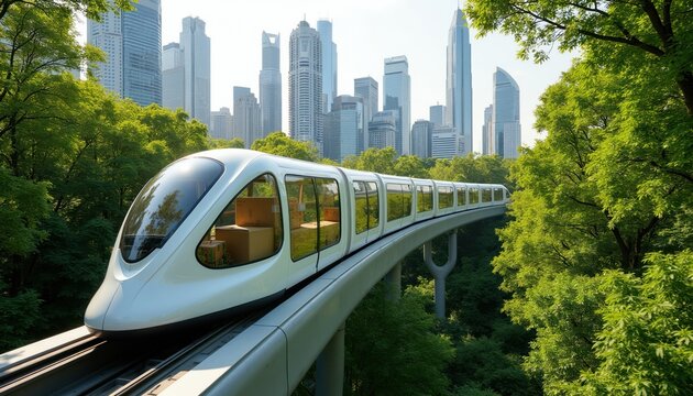 Futuristic white pod train moves on elevated track through green city park. Modern skyscrapers rise behind rich trees. Automated transport offers eco-friendly travel solution.