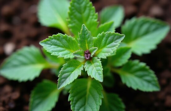 Closeup of young green lamb quarters plant growing in dark soil. Serrated leaves unfurl upwards from a central stem showing new growth. This wild edible is a common weed.