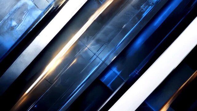 Steel tech layers abstract background with glowing diagonal metallic bars and sharp light reflections.