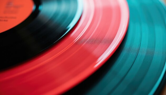Close up of stacked red and teal vinyl records with grooves visible. Circular discs show color and texture for music background or ads. Nostalgic sound media.
