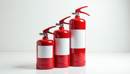 Obraz premium Three red fire extinguishers in ascending size order stand against plain white backdrop. Safety devices essential tools for fire prevention, emergency response, ready for immediate use in various