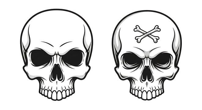 Black and white line of skulls with different expressions bone skeleton head face