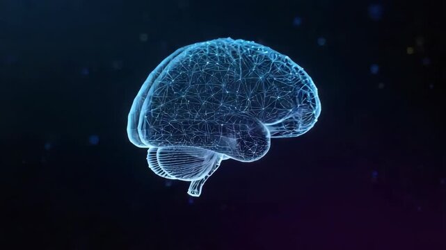Glowing digital neural network brain visualization blue with abstract cerebrum and cerebellum